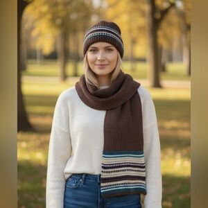 Scarf & Hat Knit -Brown With ,metallic Detail combo from Fownes